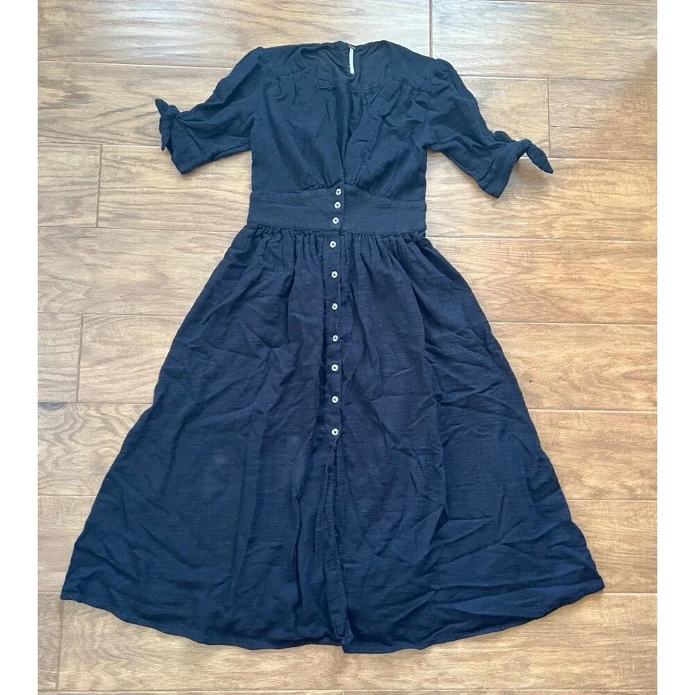 Free People Love of My Life Midi Dress Size XS Black Button Front Cotton Gauze